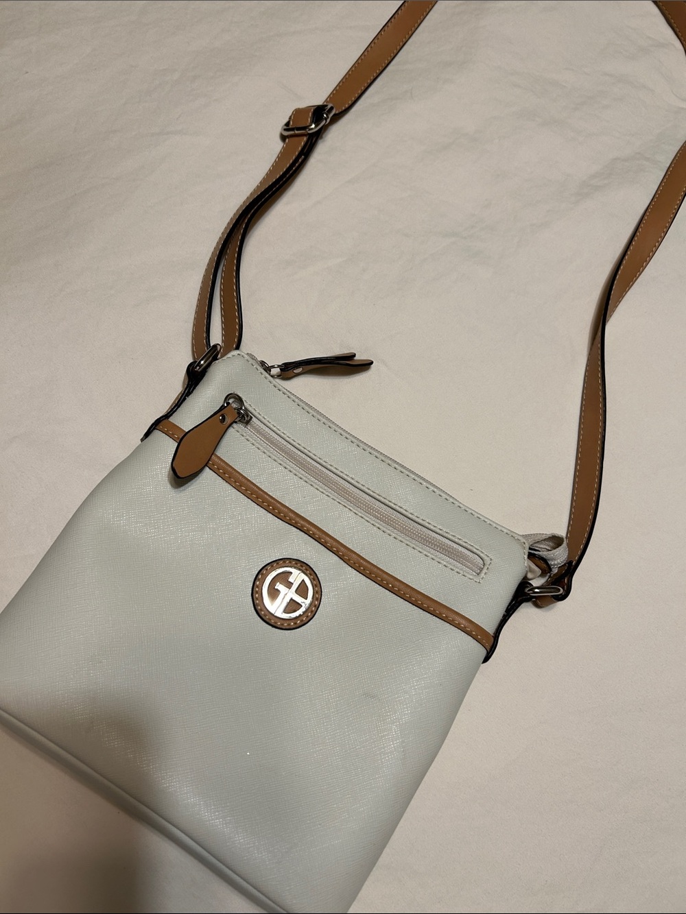 Gianni Bini Light Gray Crossbody with Tan Trim